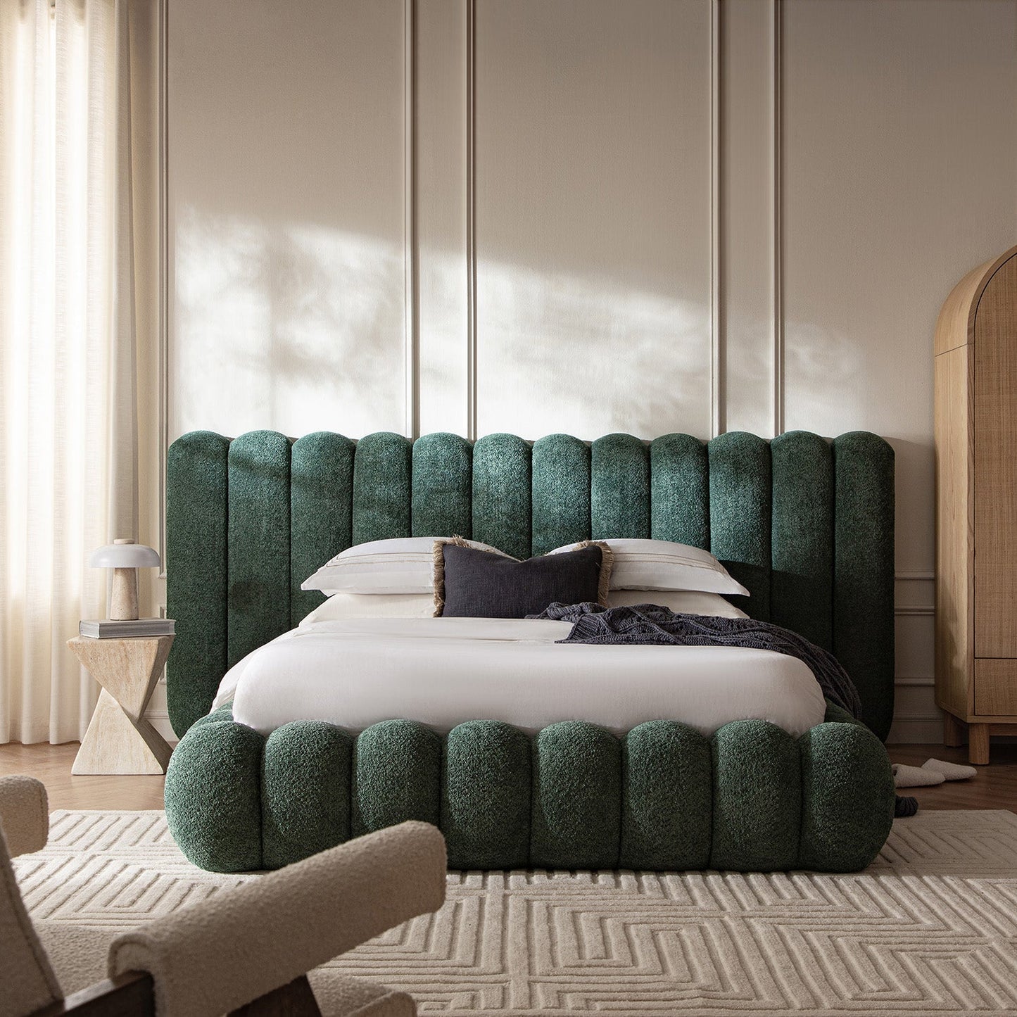 Sebastian Grand Bed with Storage, Forest Green Teddy Bouclé