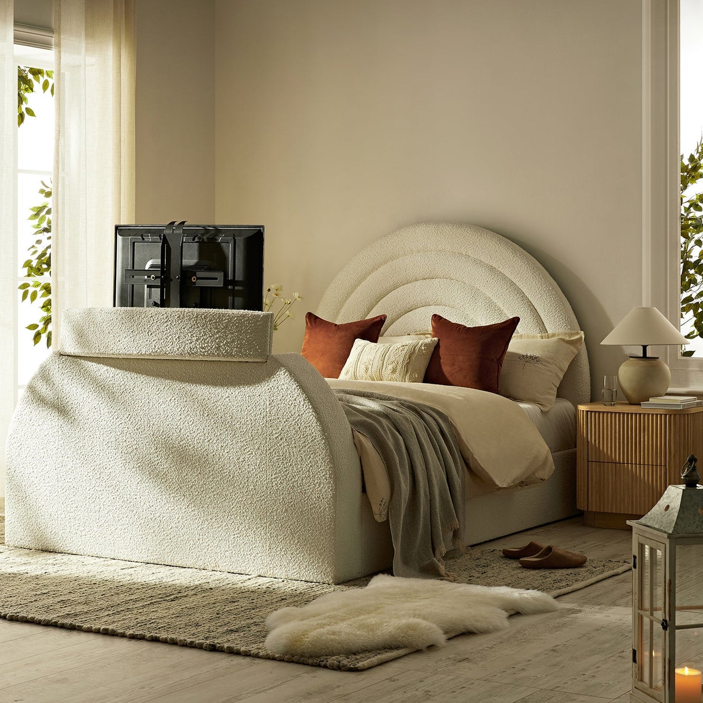Archer White Boucle TV Bed with Ottoman Storage
