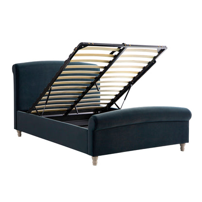 Porchester Ottoman Bed with Storage, Sleigh, Aegean Blue Velvet