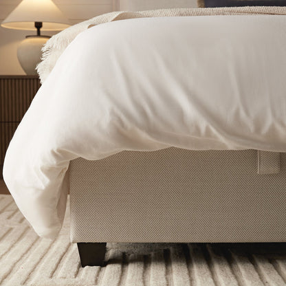 Kricia Upholstered Bed with Storage with Pillow Headboard, Oatmeal Chevron