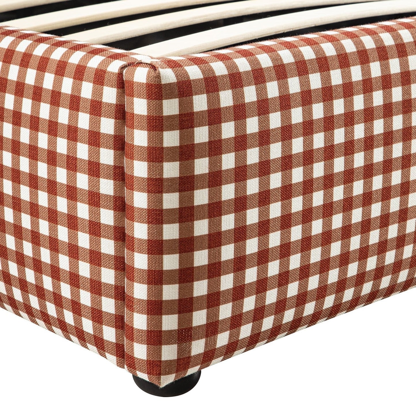 Celeste Upholstered Bed with Storage with Ruffled Headboard, Brick Gingham