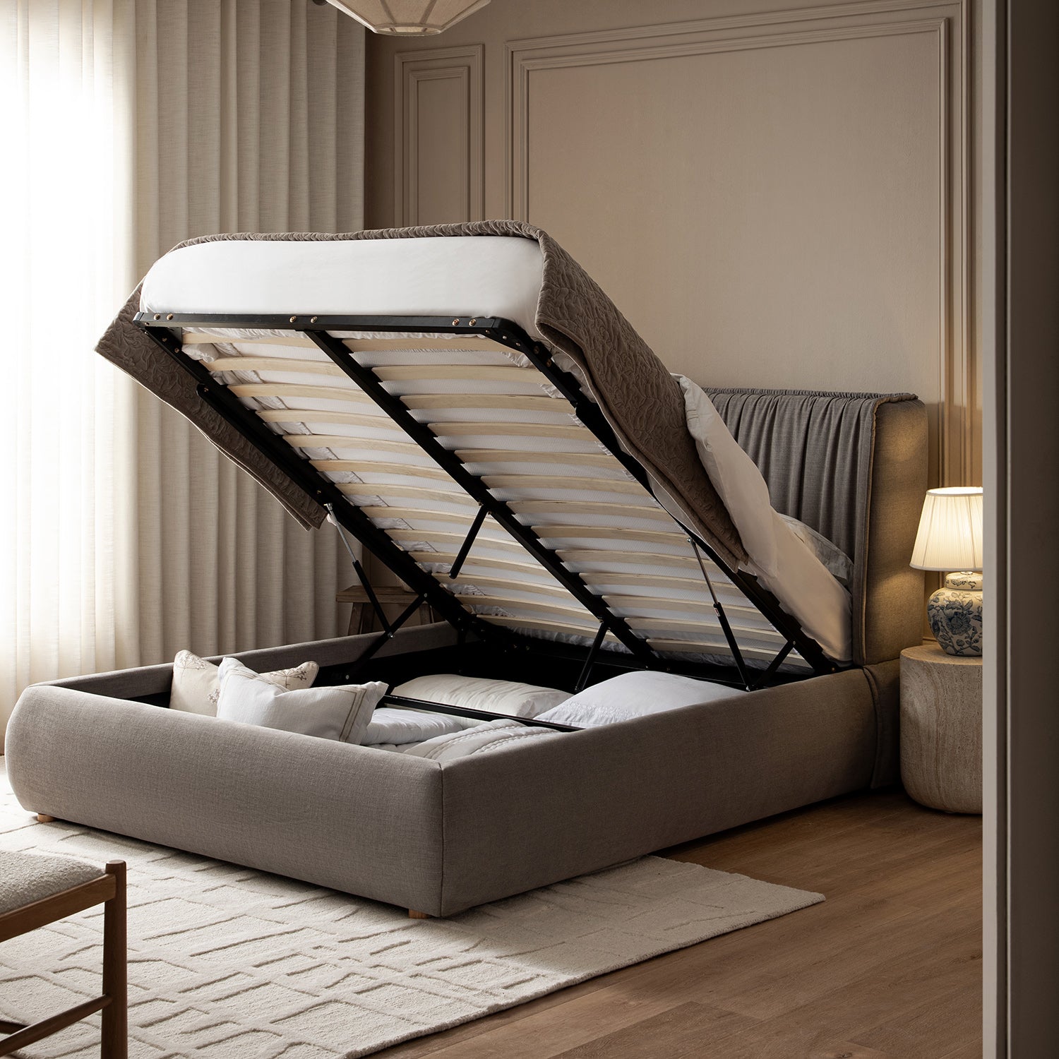 Astrid Ruched Wingback Bed, Soft Grey Chenille