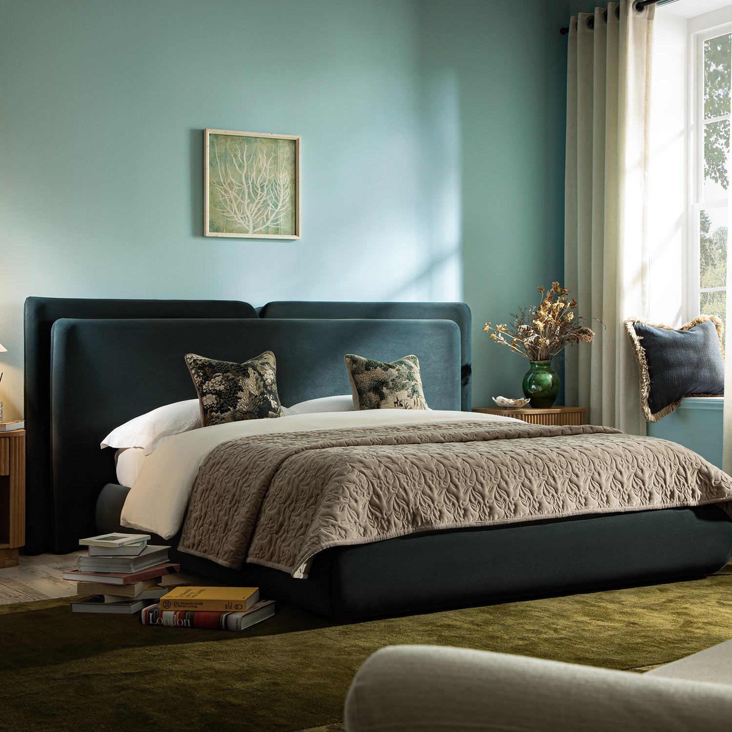 Jolene Layered Wingback Bed with Storage, Aegean Blue Velvet