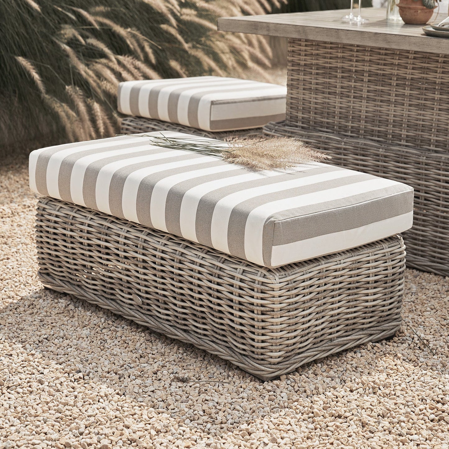 Bellagio Round Wicker Large Corner Casual Dining Set with Rising Table, Light Grey with Taupe Stripes