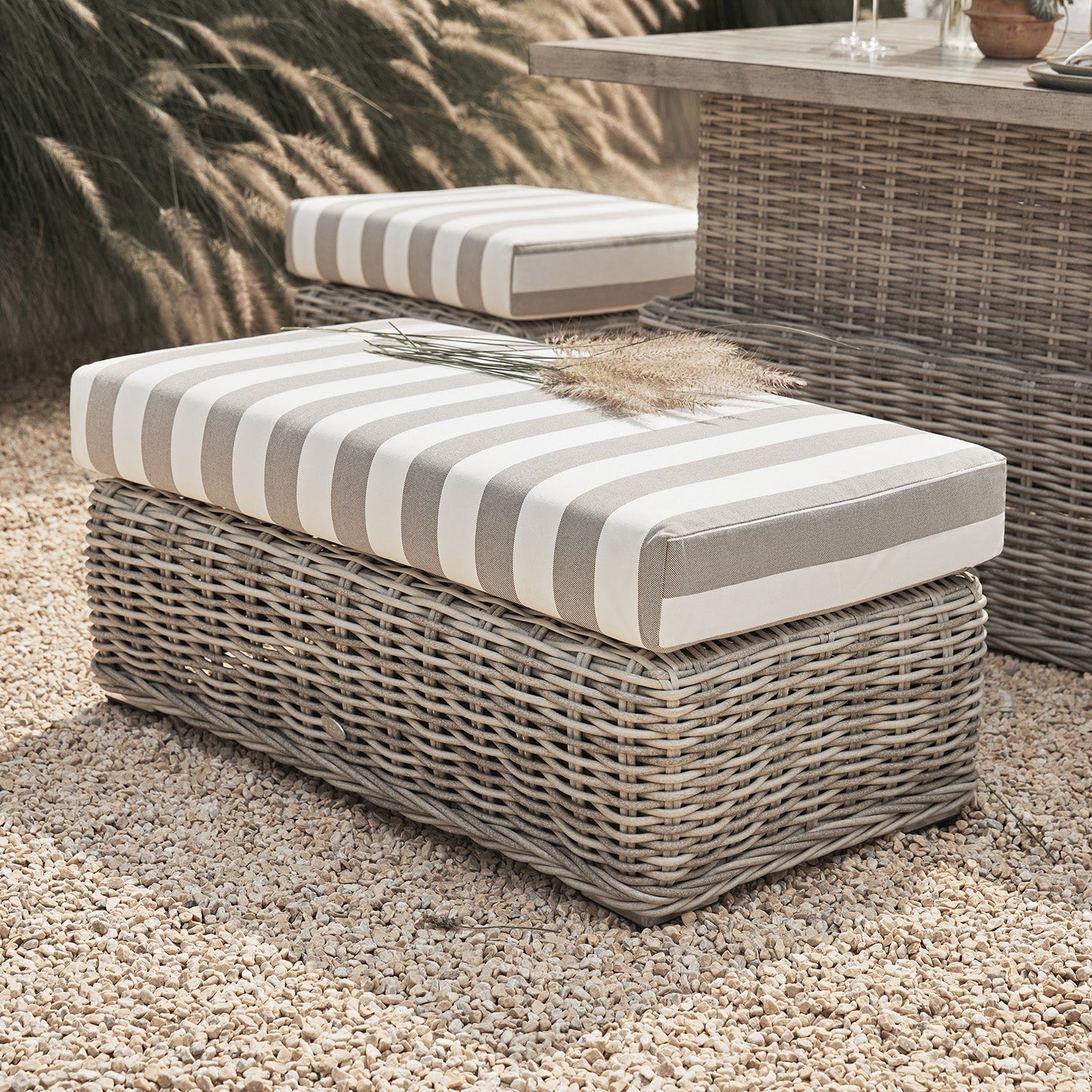 Bellagio Round Wicker Large Corner Casual Dining Set with Rising Table, Light Grey with Taupe Stripes
