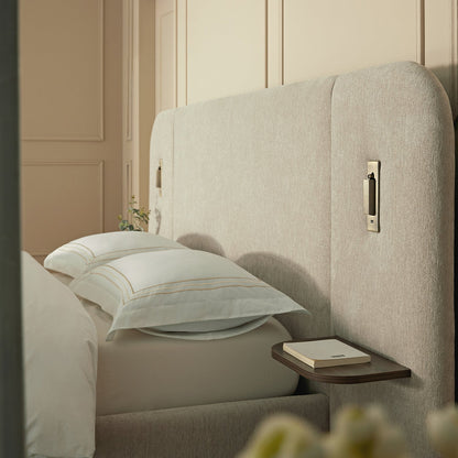 Della Extended Headboard Bed with Storage, Soft Beige Chenille