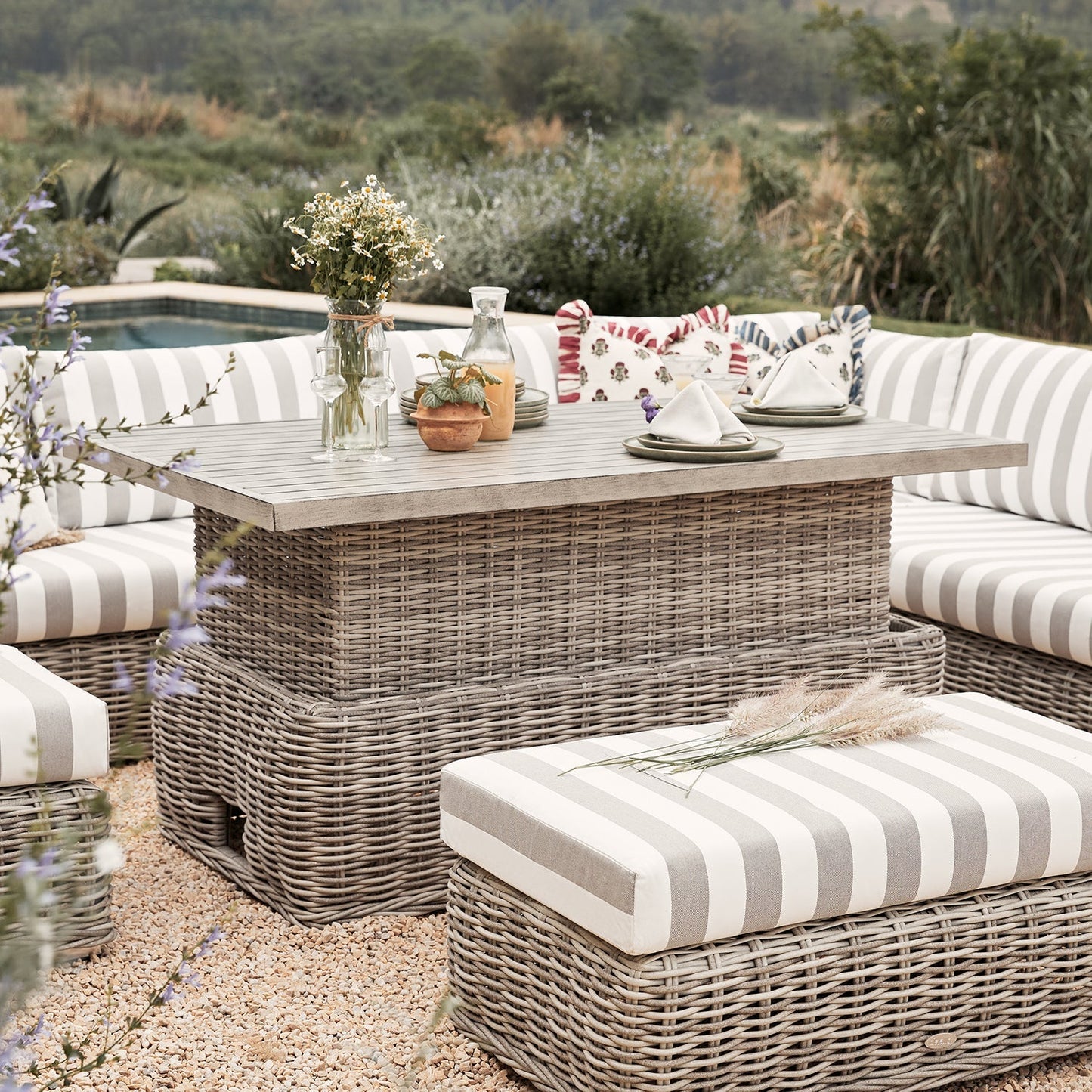 Bellagio Round Wicker Large Corner Casual Dining Set with Rising Table, Light Grey with Taupe Stripes