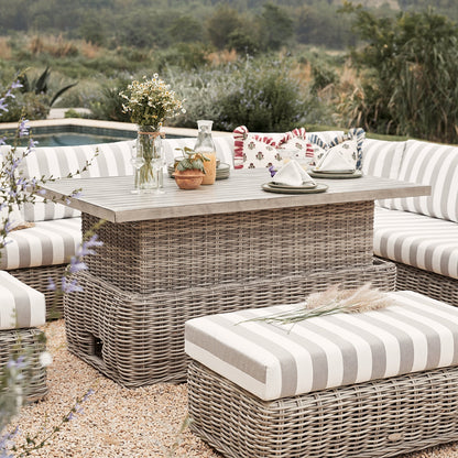 Bellagio Round Wicker Large Corner Casual Dining Set with Rising Table, Light Grey with Taupe Stripes