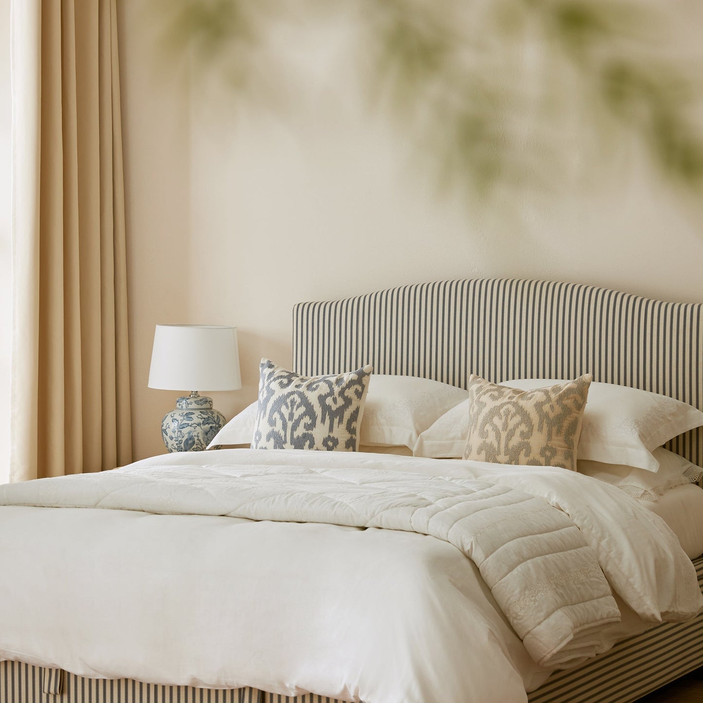 Chilworth Upholstered Ottoman Bed with Storage, Blue Stripe Linen Blend