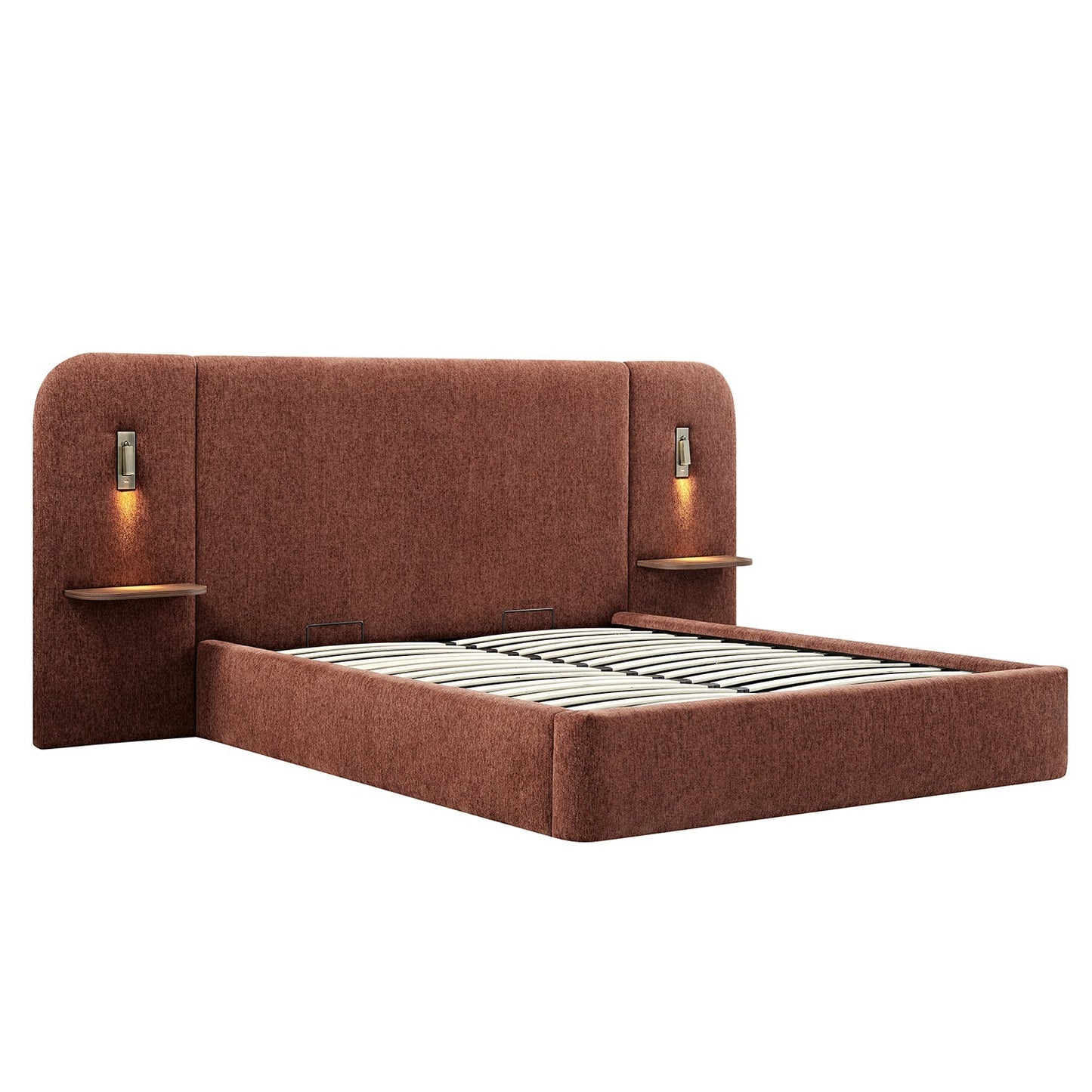 Della Extended Headboard Bed with Storage, Burnt Brick Chenille