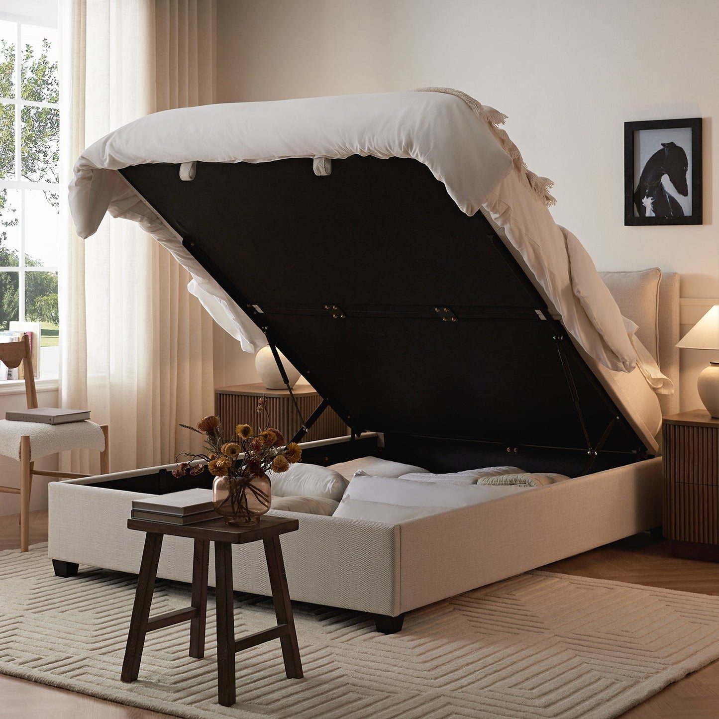Kricia Upholstered Bed with Storage with Pillow Headboard, Oatmeal Chevron