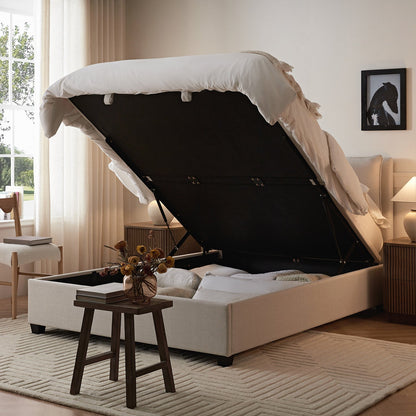 Kricia Upholstered Bed with Storage with Pillow Headboard, Oatmeal Chevron
