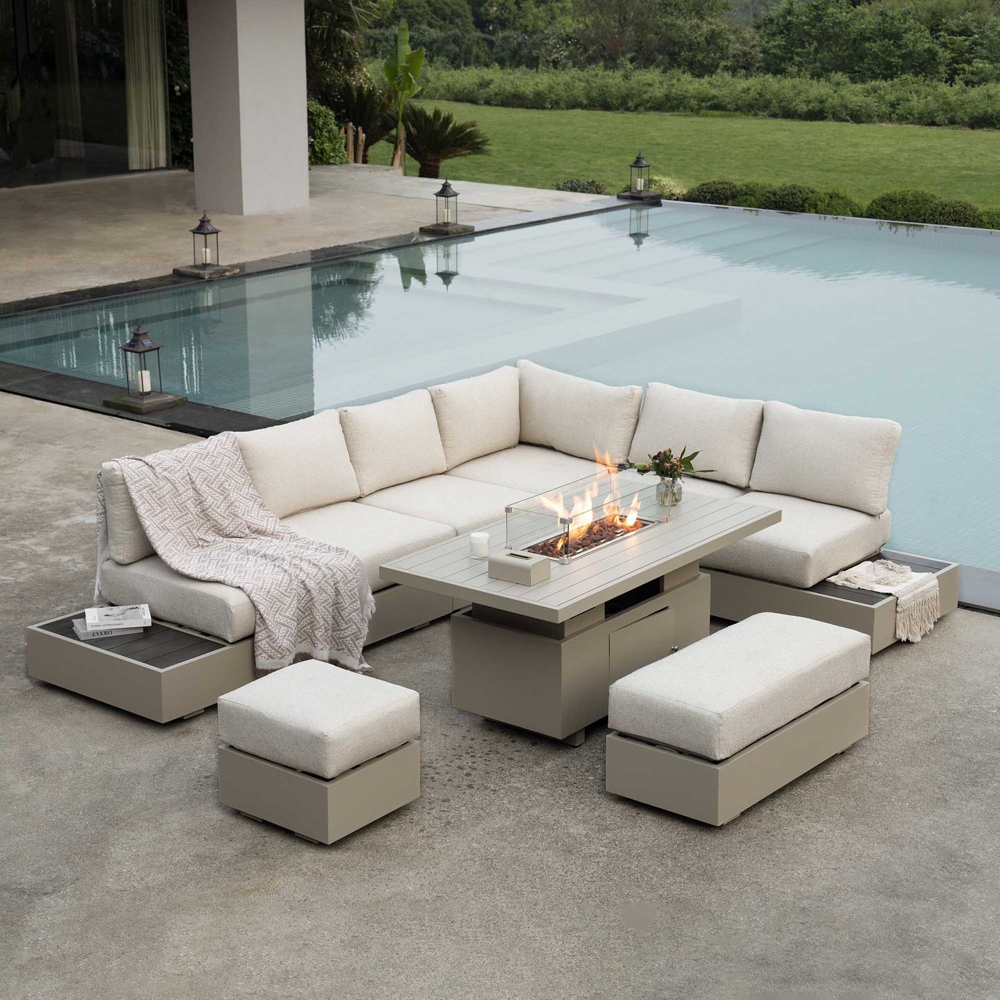 Jardin Aluminium Large Corner Casual Garden Dining Set with Rising Firepit Table, Pumice