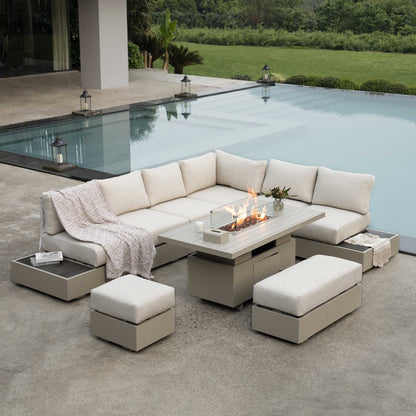 Jardin Aluminium Large Corner Casual Garden Dining Set with Rising Firepit Table, Pumice