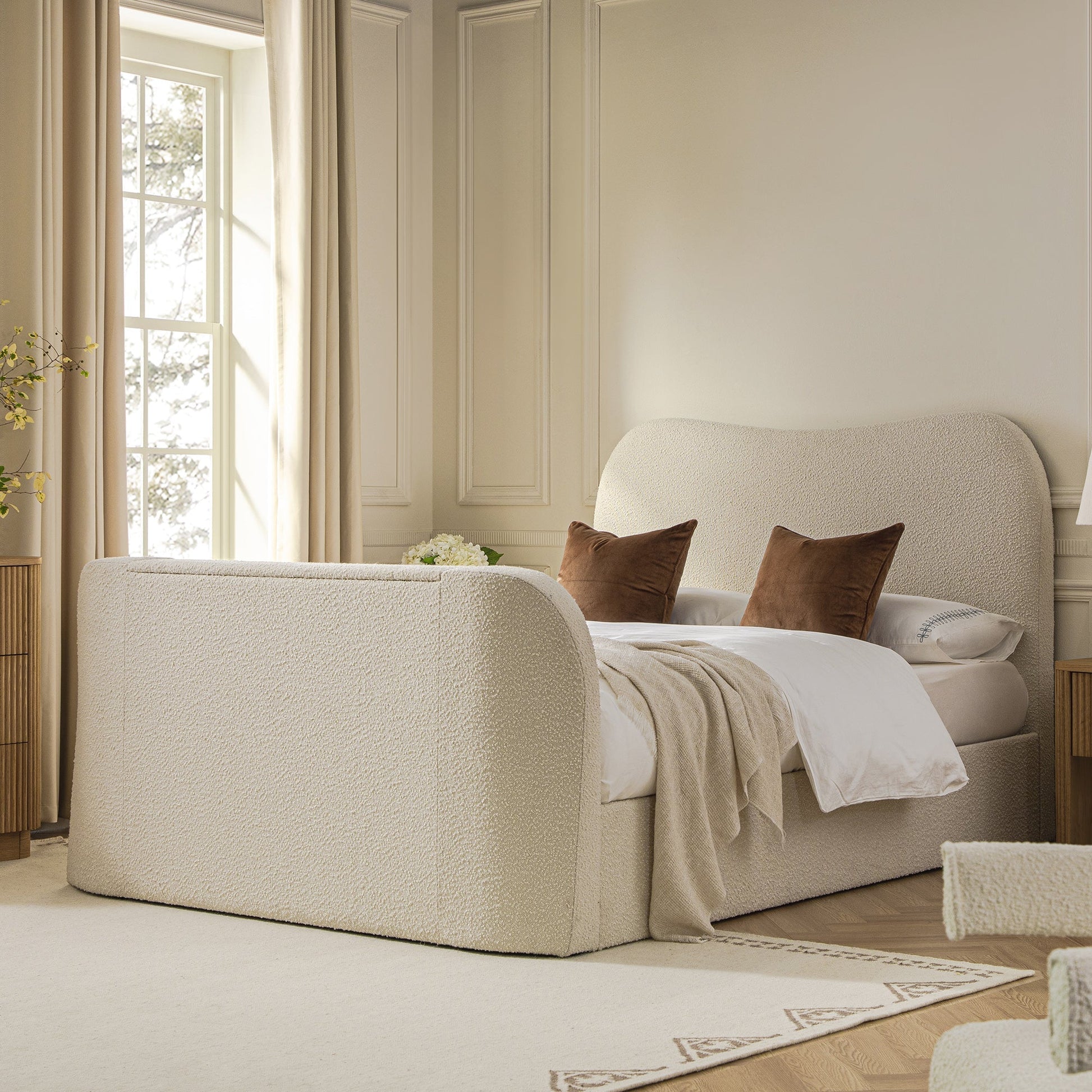 Egerie Curved Headboard Beige Boucle TV Bed with Ottoman Storage