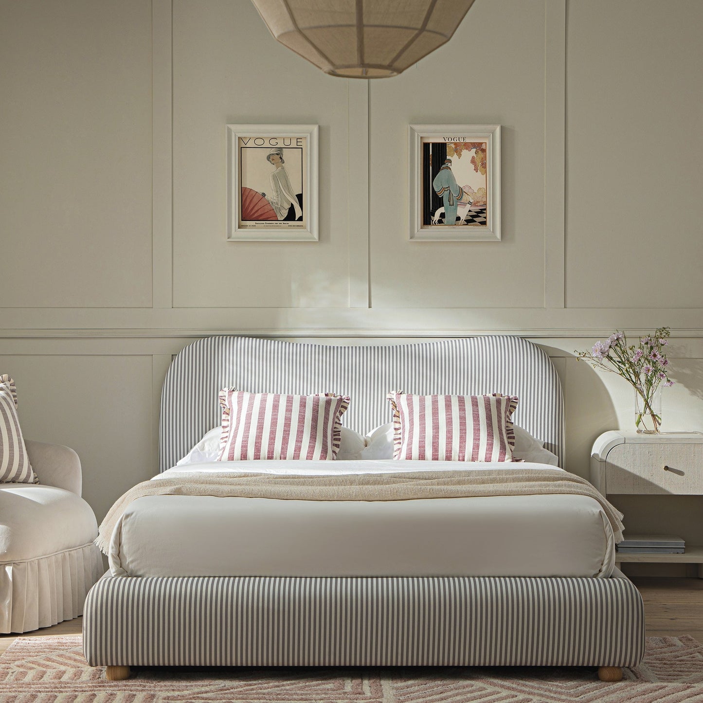 Egerie Curved Headboard Light Taupe Striped Fabric Ottoman Bed with Storage
