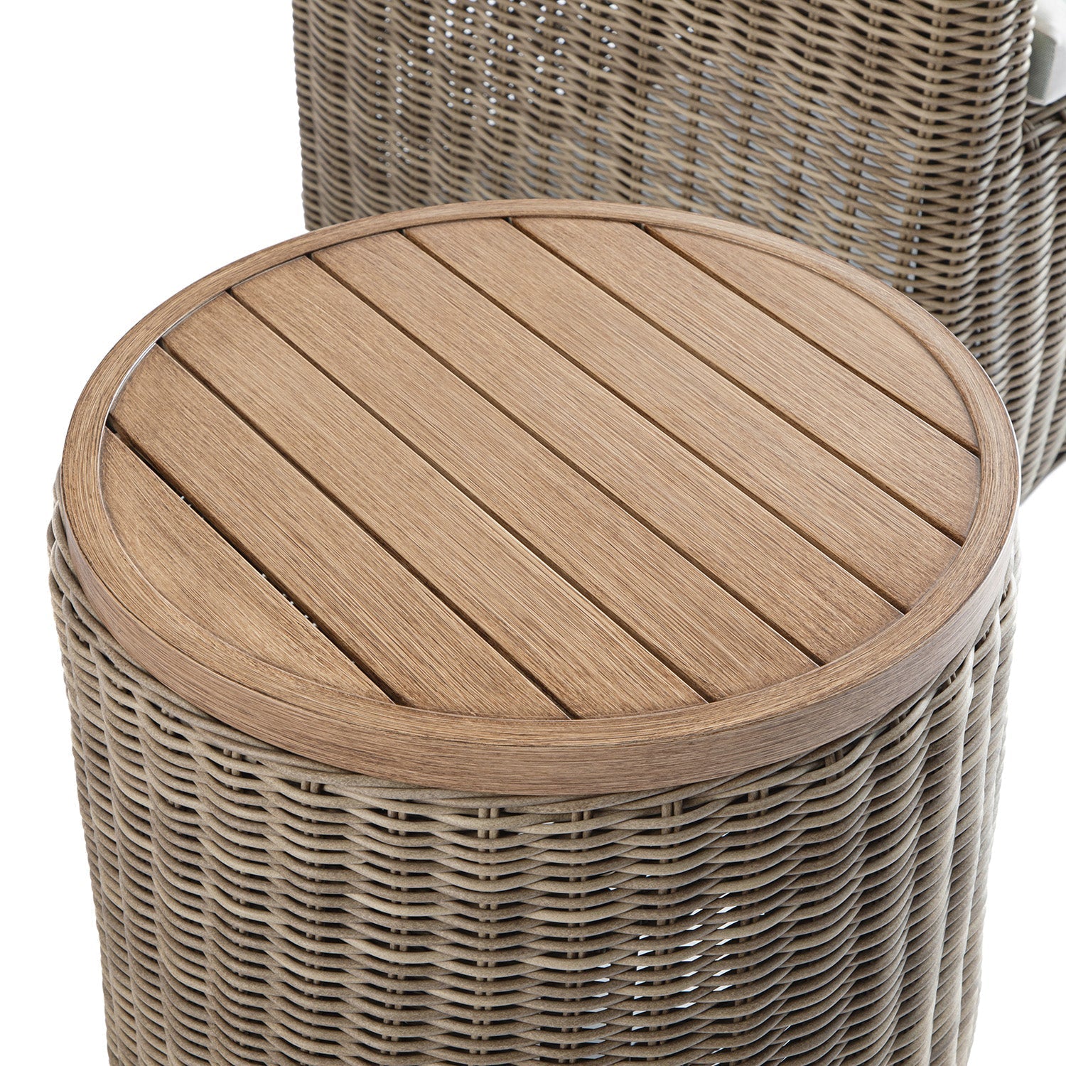 Bellagio Round Wicker Bistro Set with Rising Side Table, Natural with Sage Stripes