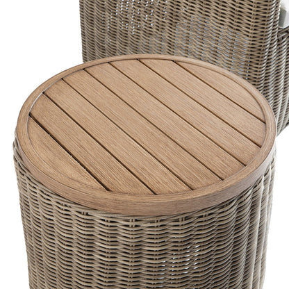 Bellagio Round Wicker Bistro Set with Rising Side Table, Natural with Sage Stripes