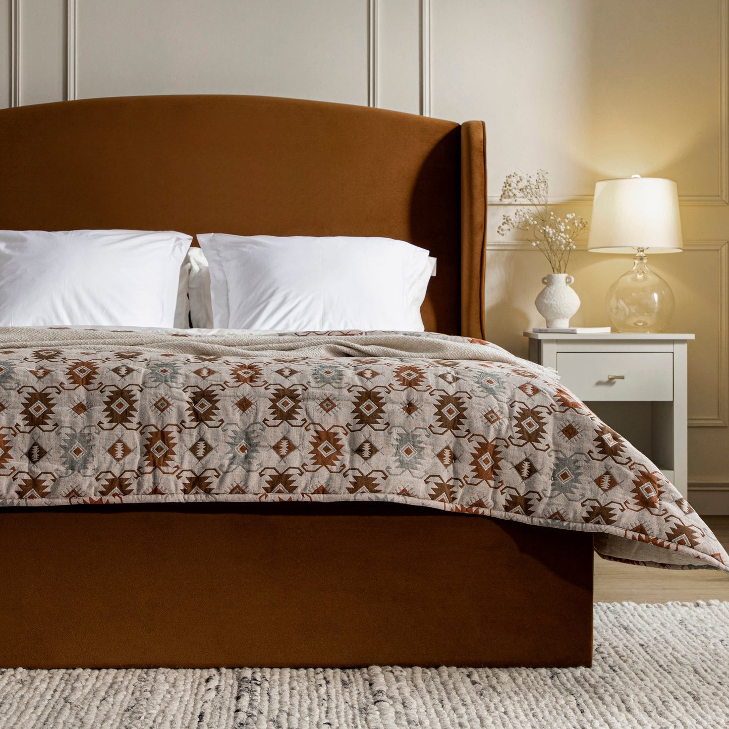 Kimberly Winged Upholstered Bed with Storage, Cinnamon Velvet