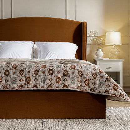 Kimberly Winged Upholstered Bed with Storage, Cinnamon Velvet