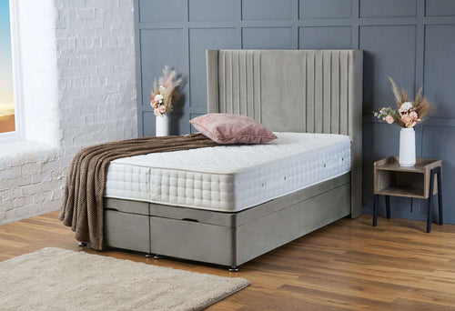 Charlotte Winged Headboard Ottoman Bed with Storage – Gas Lift Divan – Silver Plush