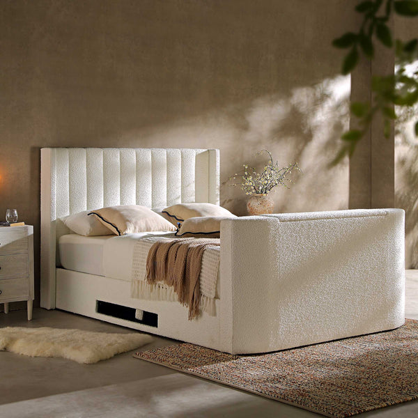 Wilton White Boucle TV Bed with Ottoman Storage