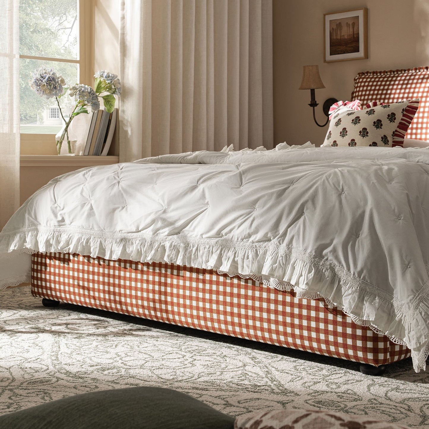Celeste Upholstered Bed with Storage with Ruffled Headboard, Brick Gingham
