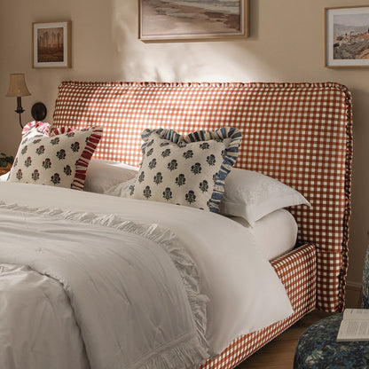 Celeste Upholstered Bed with Storage with Ruffled Headboard, Brick Gingham