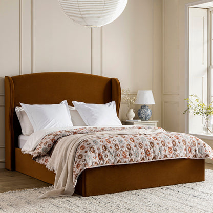 Kimberly Winged Upholstered Bed with Storage, Cinnamon Velvet
