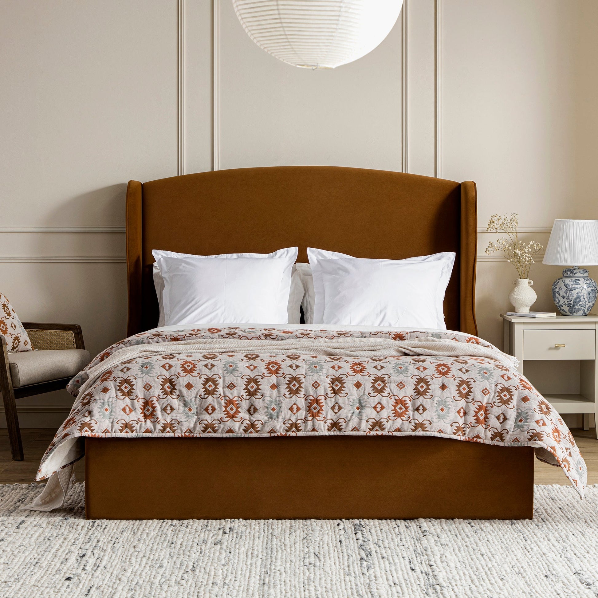 Kimberly Winged Upholstered Bed with Storage, Cinnamon Velvet