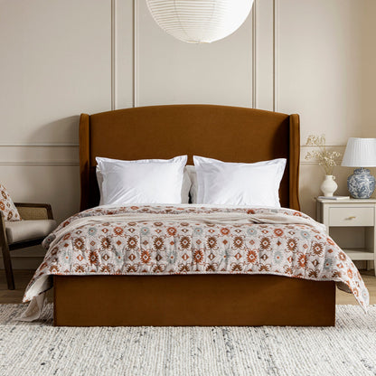 Kimberly Winged Upholstered Bed with Storage, Cinnamon Velvet
