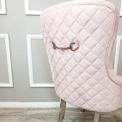 Pink Velvet Kate dining chair chrome clasp & quilted back