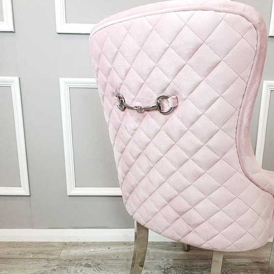 Pink Velvet Kate dining chair chrome clasp & quilted back – view 2