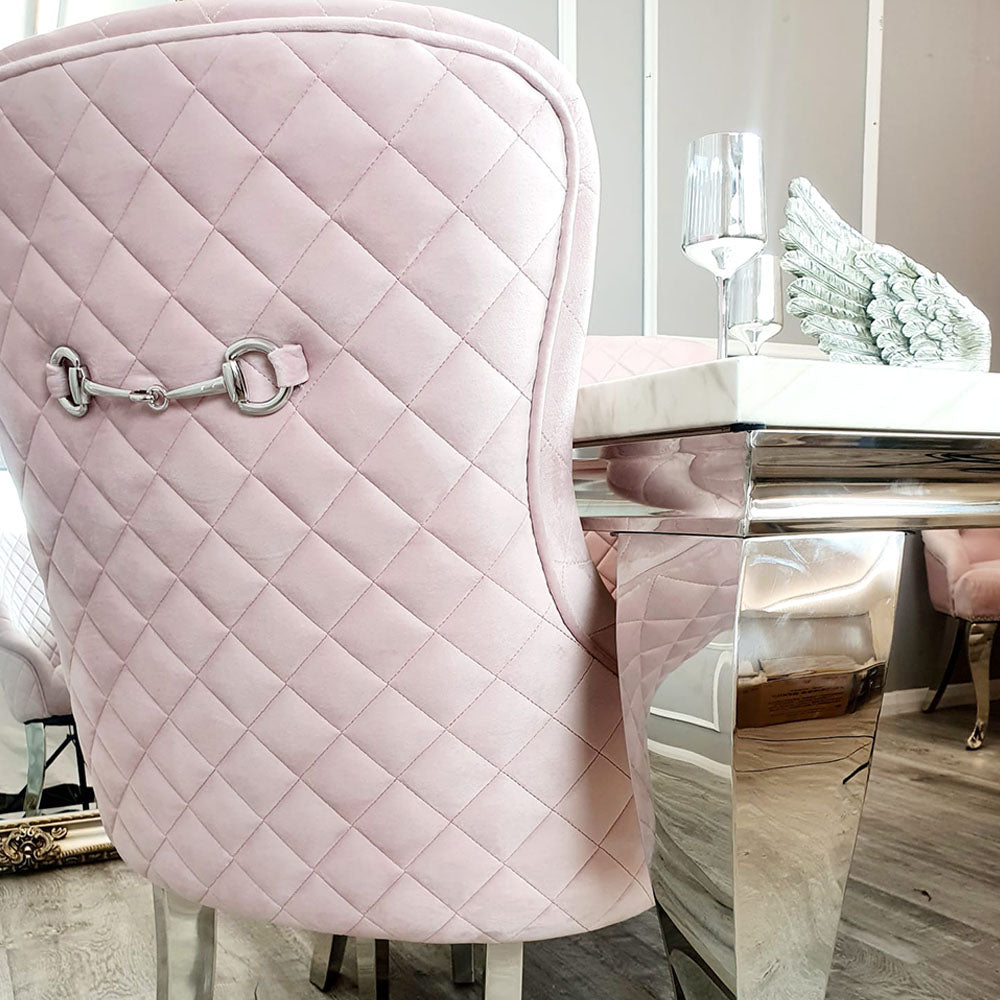 Pink Velvet Kate dining chair chrome clasp & quilted back