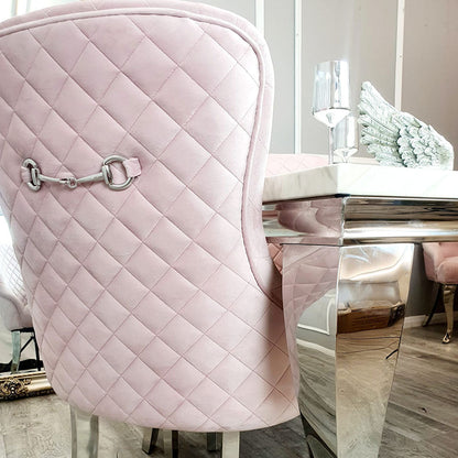 Pink Velvet Kate dining chair chrome clasp & quilted back