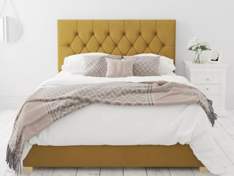 York Ottoman Plush Velvet Ochre Bed Frame Only
