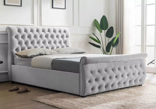 Luxury Silver Crushed Velvet Sleigh Double Bed Frame