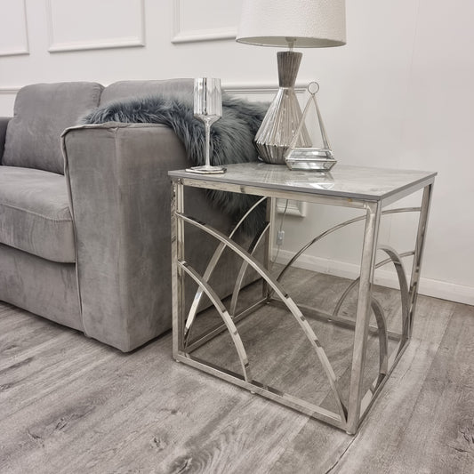 Vesta Chrome Lamp Table with Stomach Ash Sintered Stone Top – view 2