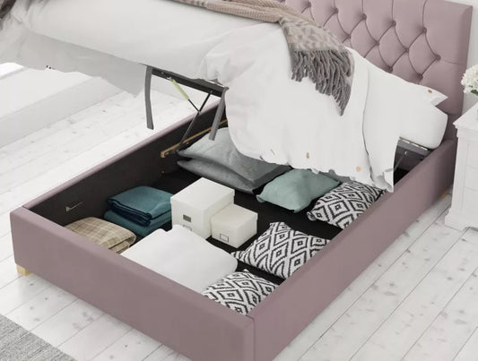 York Ottoman Plush Velvet Blush Bed Frame Only