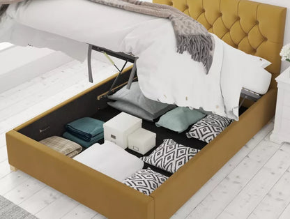 York Ottoman Plush Velvet Ochre Bed Frame Only