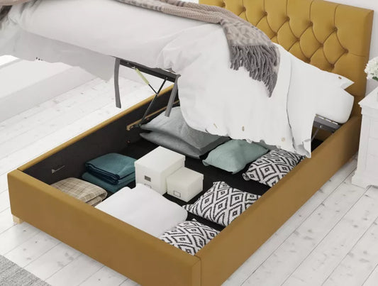 York Ottoman Plush Velvet Ochre Bed Frame Only