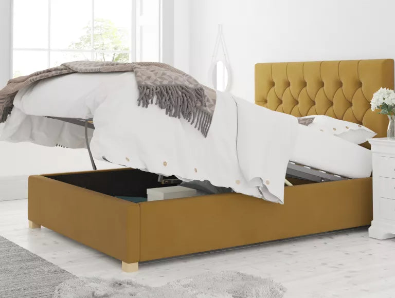 York Ottoman Plush Velvet Ochre Bed Frame Only